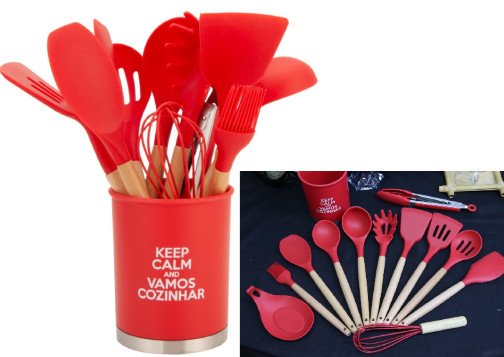 Kit Utensílios de silicone cozinha vermelho com suporte 13peças madeira colher concha espatula livre de bpa uni su201322