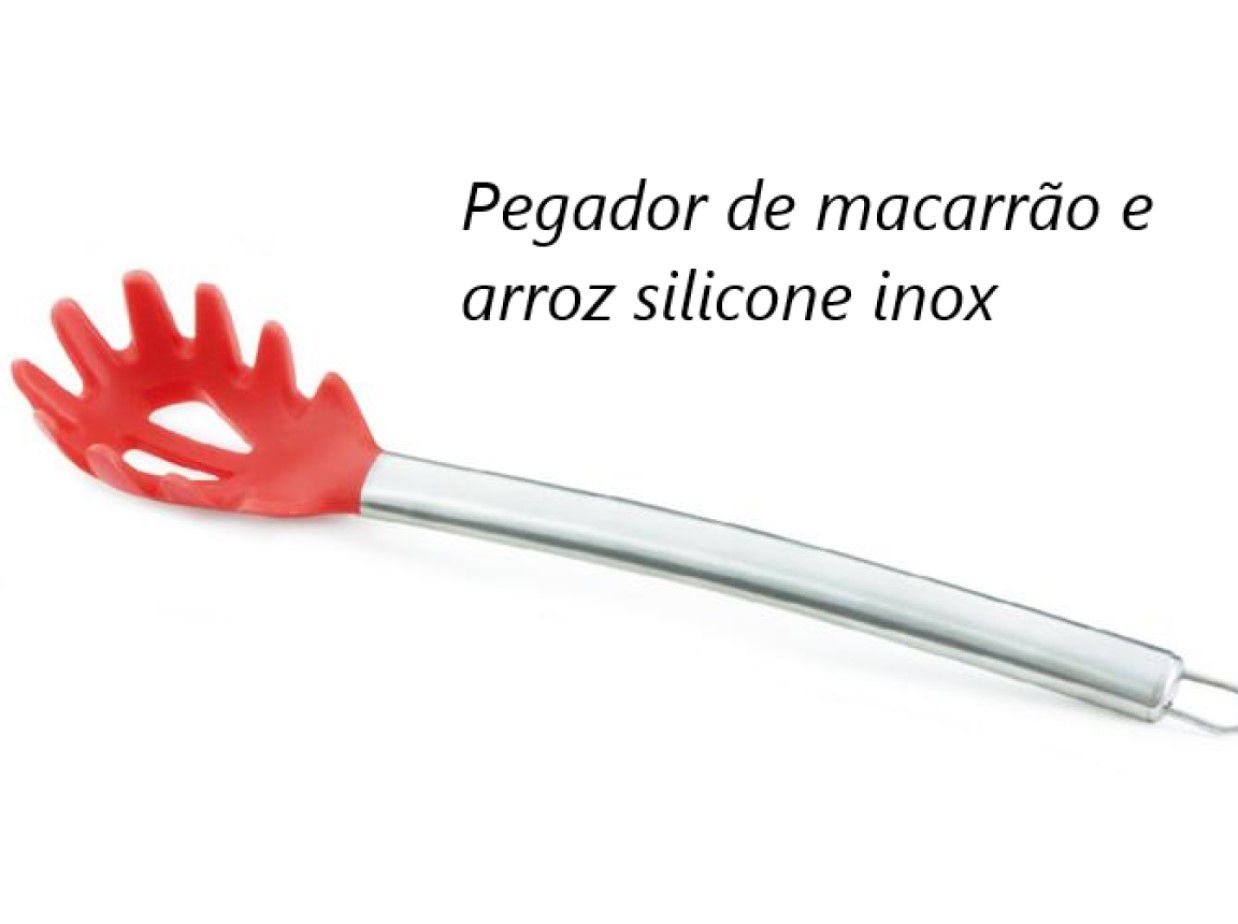 Pegador de macarrão arroz silicone aço 33cm inox vermelho mimo4479